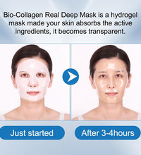 Woman before and after wearing a bio collagen hydrogel deep hydration facial mask opaque then transparent after hours