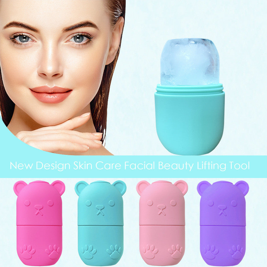 Ice face roller for skincare in pastel colors with bear design and a frozen ice head for facial beauty