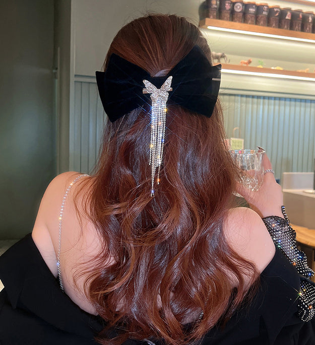High-end Light Luxury Black Velvet Bow Tassel Hair Clip