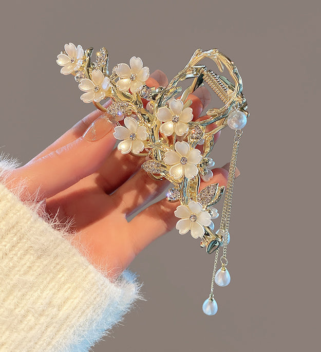 Large Metal Pearl Bell Orchid Tassel Hair Clip