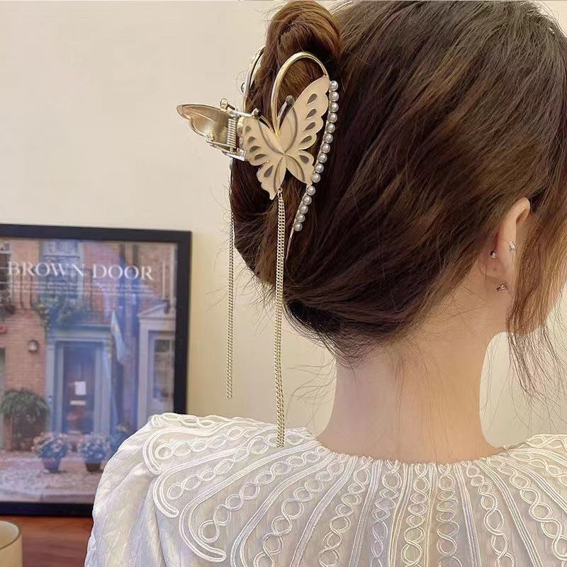 Women's Summer Headwear Tassel Butterfly Pearl Grab Clip
