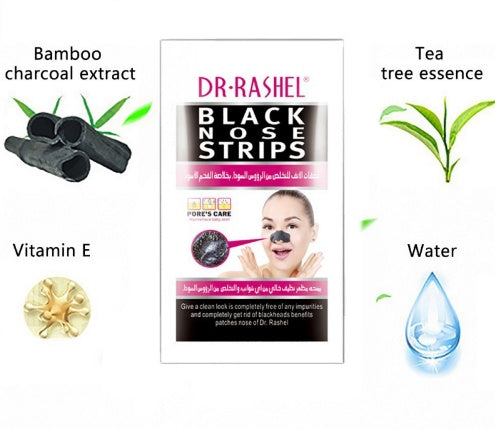 Dr. Rashel blackhead remover nose strips with bamboo charcoal, tea tree essence, vitamin E, and water for clear pores