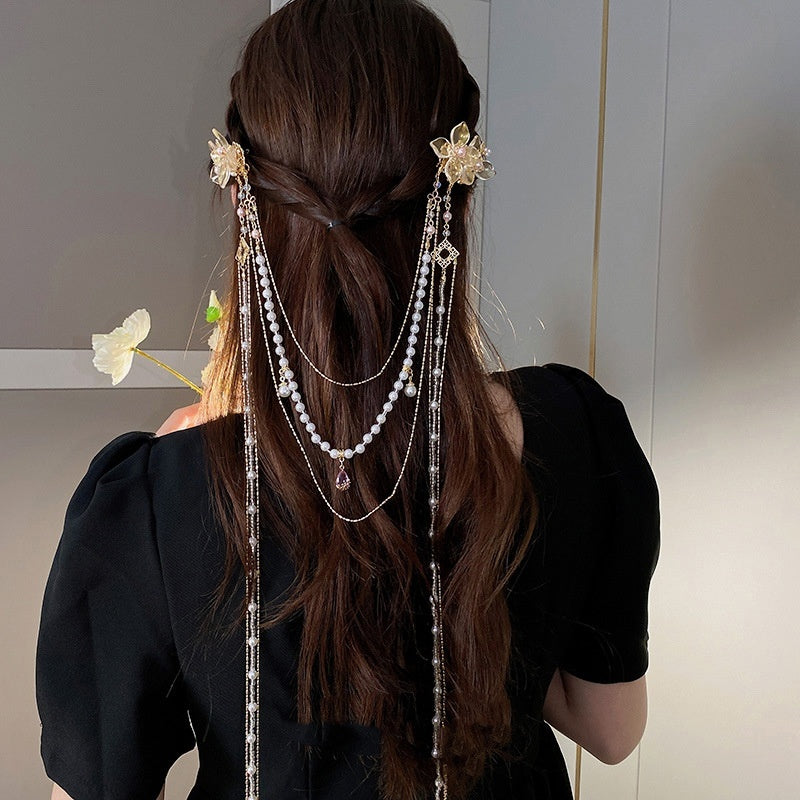 Women's Pearl Diamond Flower Long Tassel Hairpin