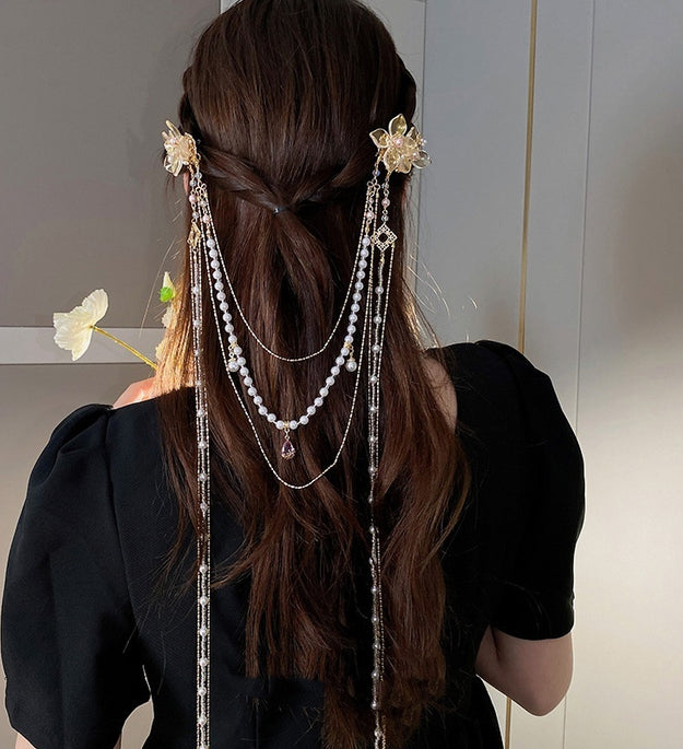 Women's Pearl Diamond Flower Long Tassel Hairpin