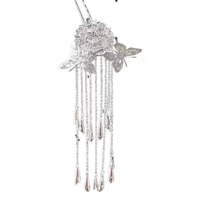 Retro Butterfly Tassel Hairpin Silver Simple Women
