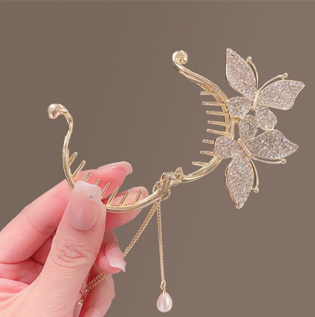 Double Butterfly High Ponytail Buckle Hairpin Female Tassel Headdress Grab Clip