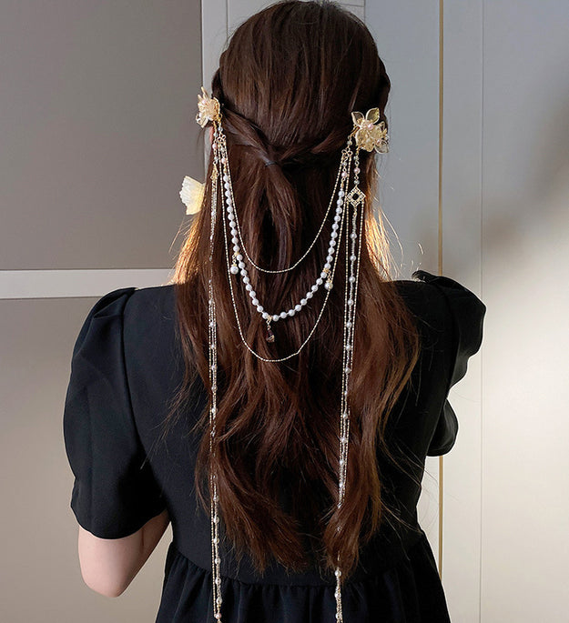 Pearl Studded Diamond Flower Long Tassel Hair Clip