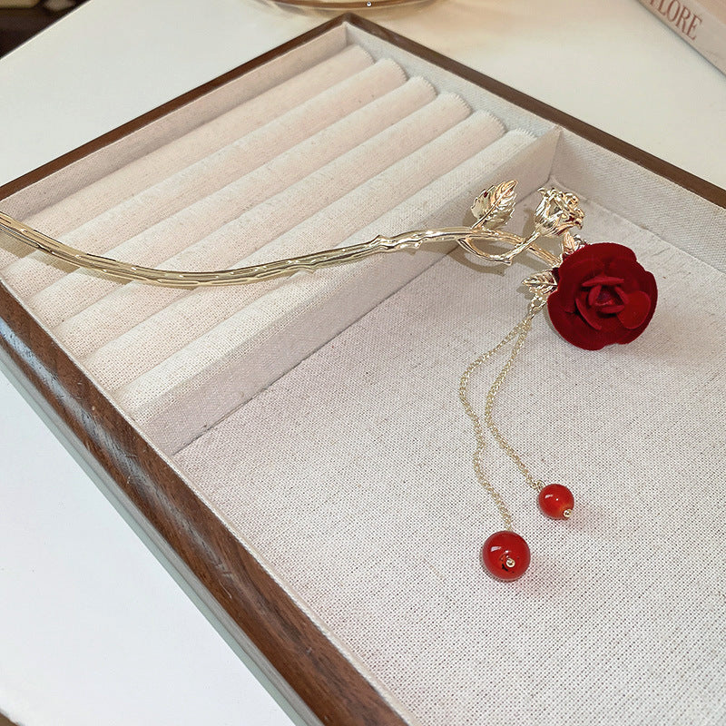 Flocking Rose Flower Leaves Pearl Tassel Hairpin