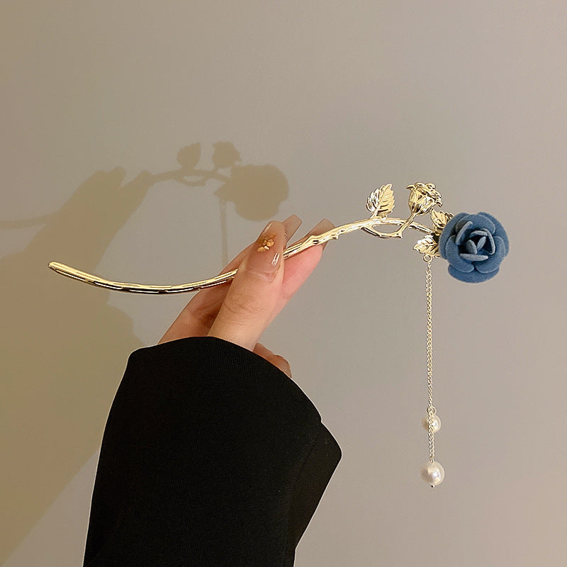 Flocking Rose Flower Leaves Pearl Tassel Hairpin