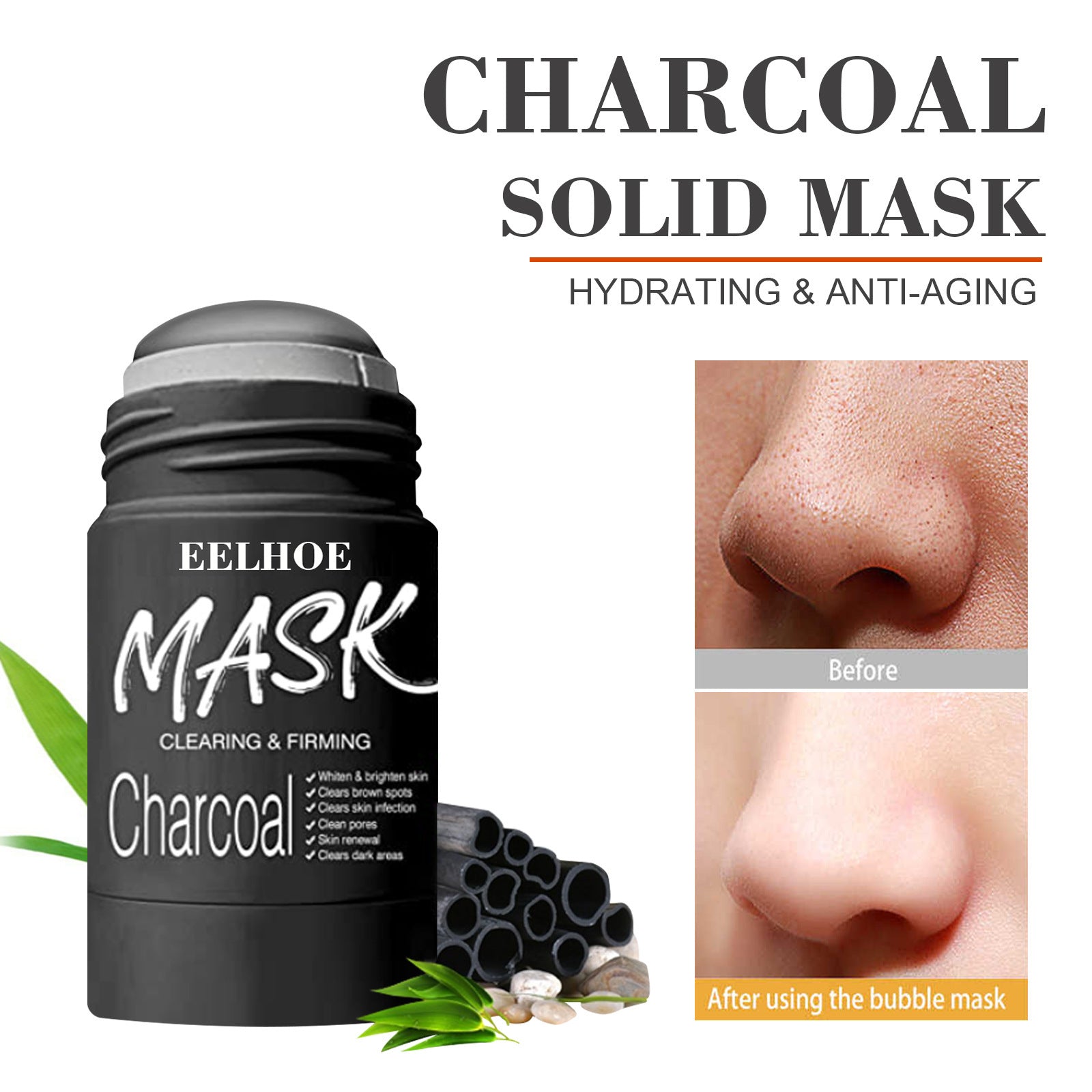 Bamboo charcoal cleansing mask solid stick for clearing and firming skin with before and after nose results