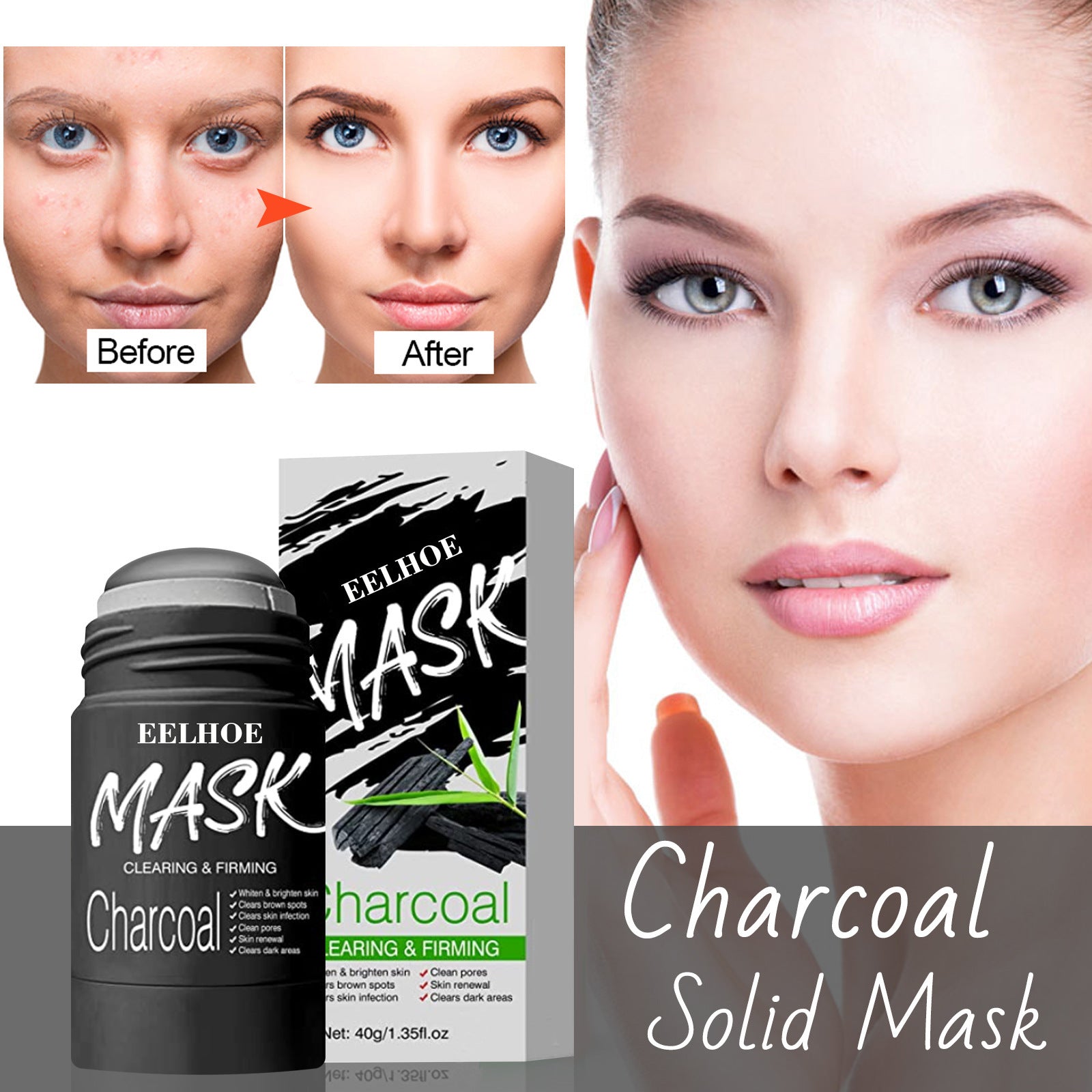 Bamboo charcoal cleansing mask with before and after results showing clear skin and product packaging