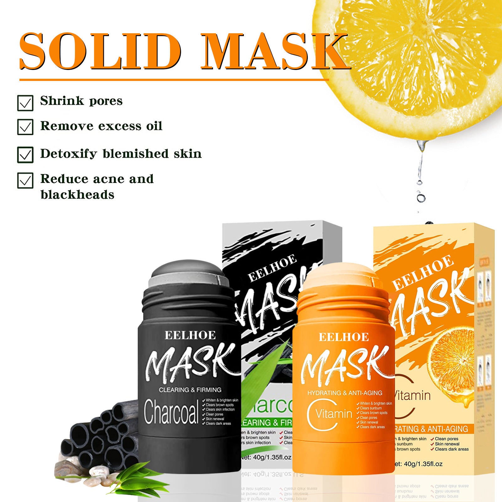 Bamboo charcoal cleansing mask stick with packaging, shrinks pores and reduces acne and blackheads