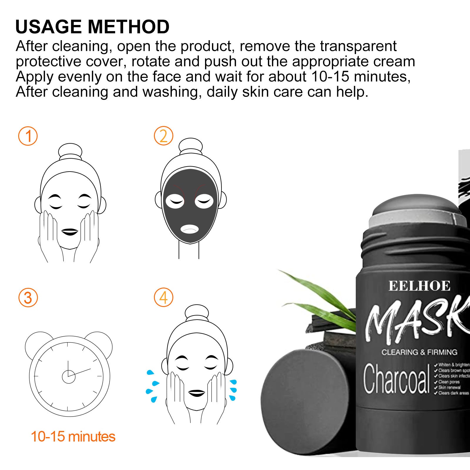 Bamboo charcoal cleansing mask stick with usage instructions for face application and rinsing after 10 to 15 minutes