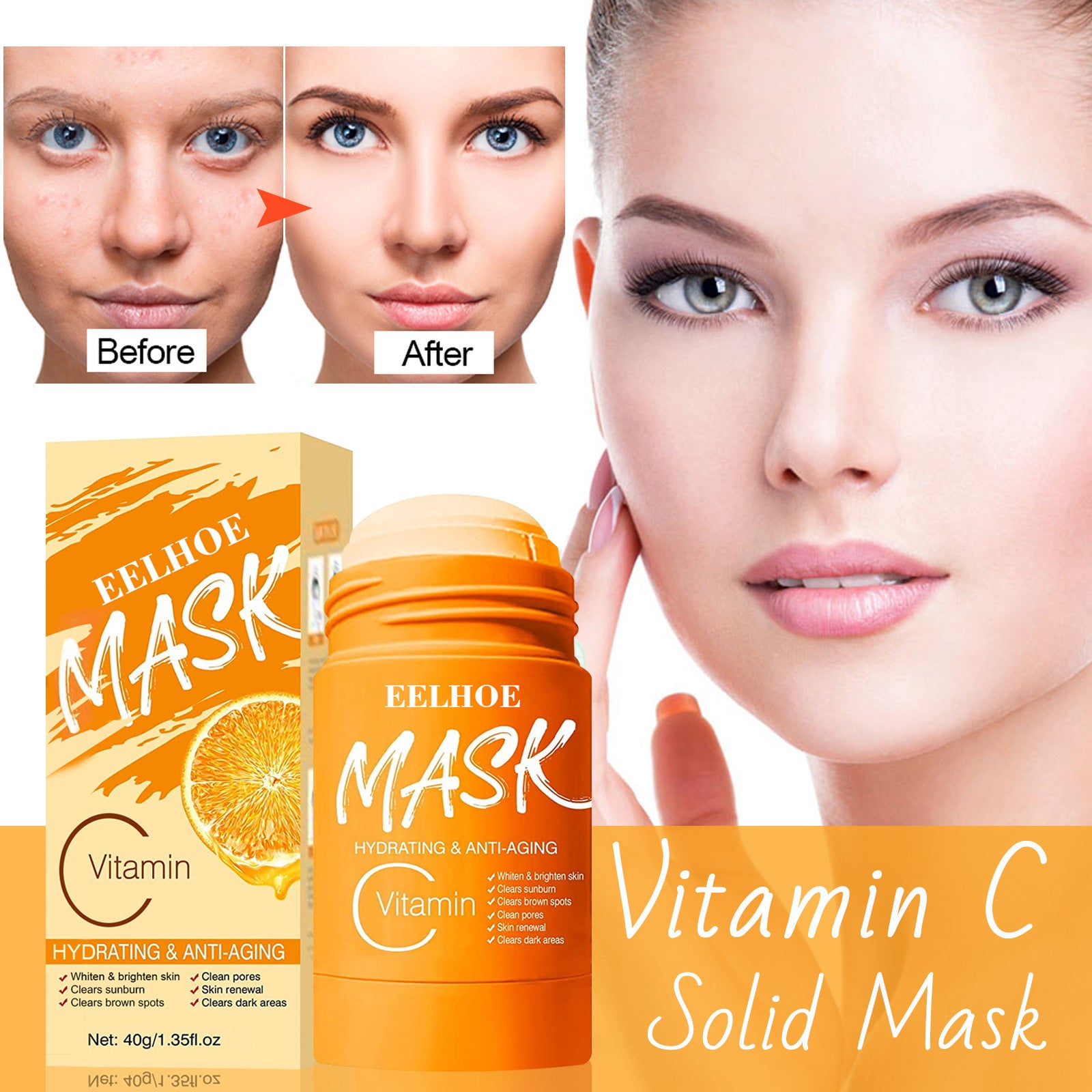 Before and after images showing clear skin using bamboo charcoal cleansing mask with Vitamin C hydrating and anti-aging formula