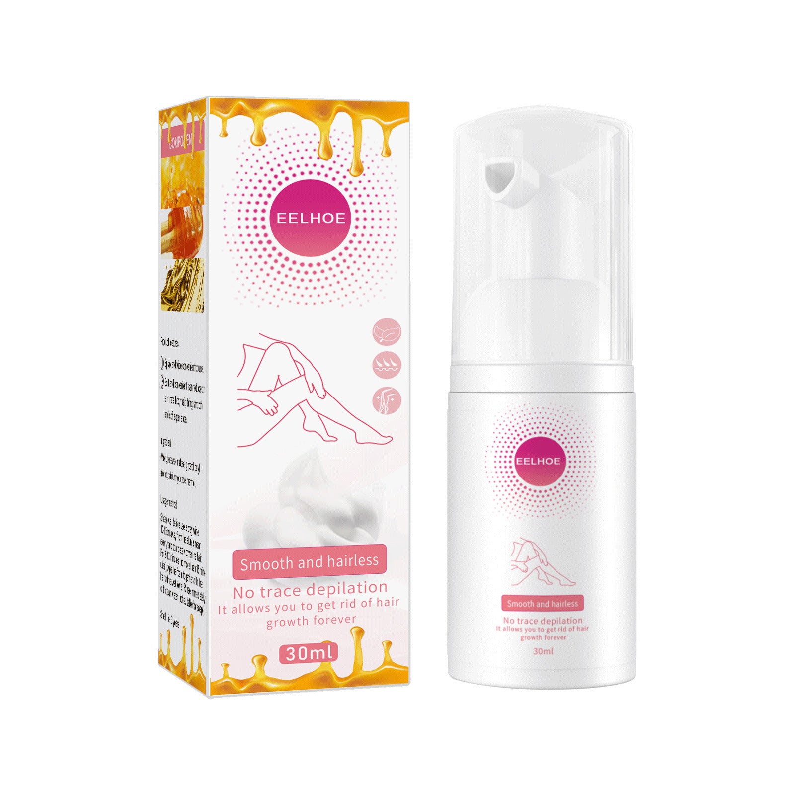 EELHOE hair removal mousse for sensitive skin in white 30ml bottle with smooth and hairless packaging