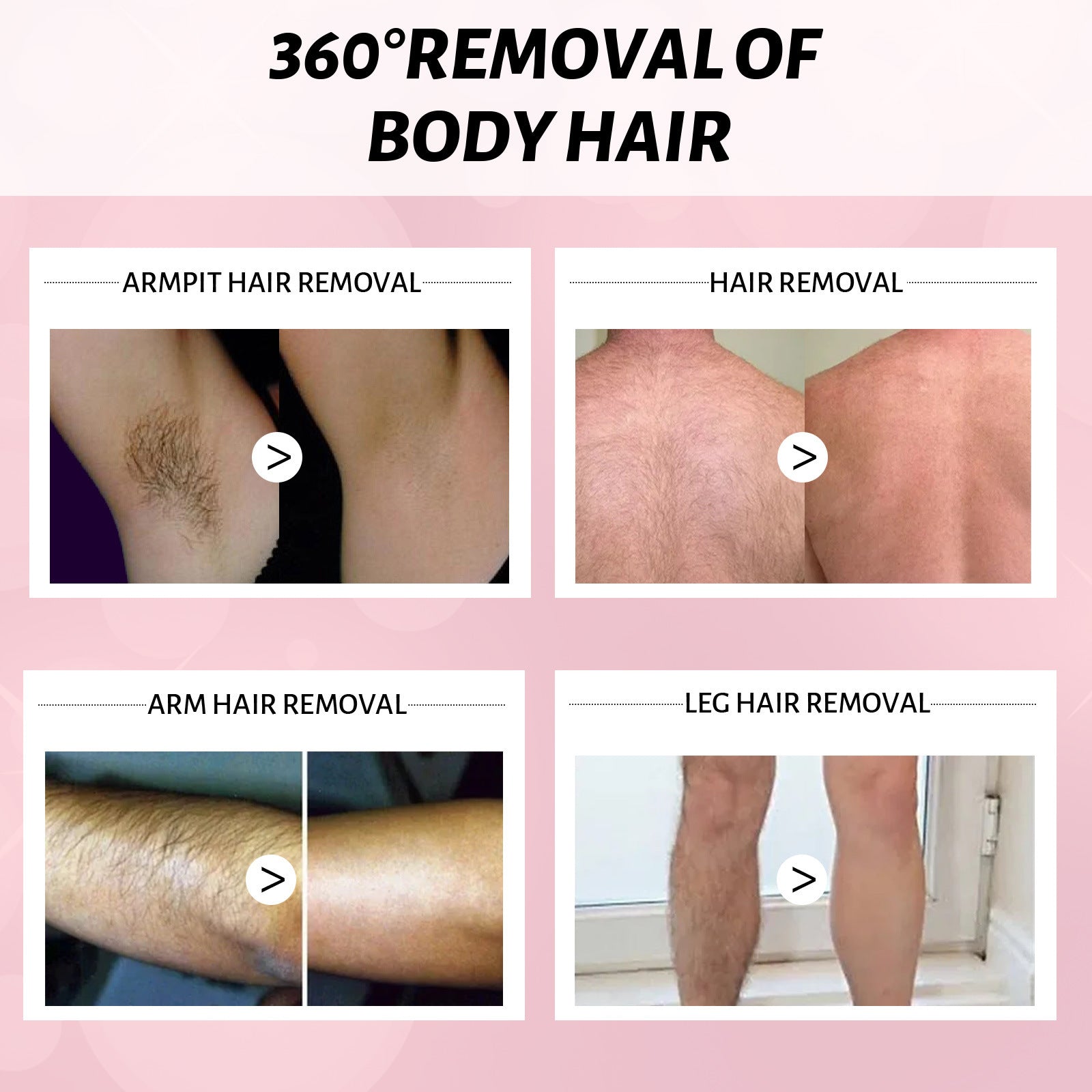 Before and after results of hair removal mousse for sensitive skin showing armpit, back, arm, and leg hair removal