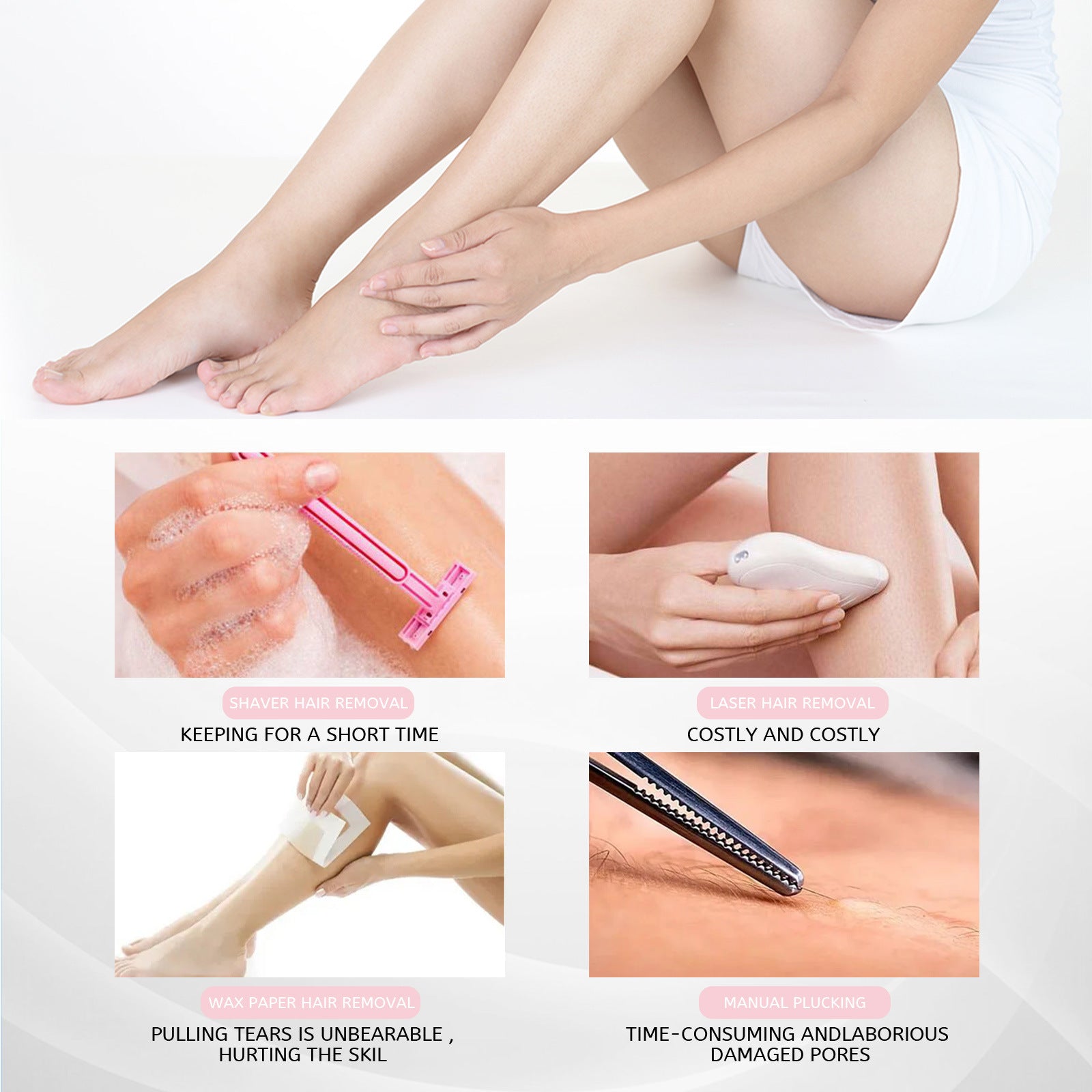 Woman with smooth legs using hair removal mousse for sensitive skin compared to shaving, laser, waxing, and plucking methods
