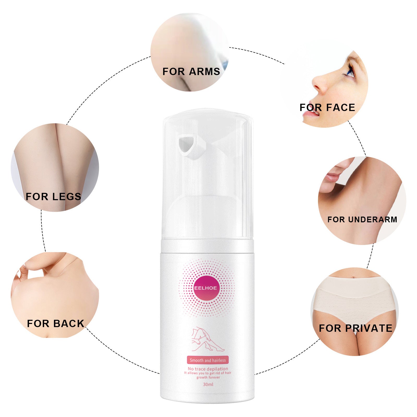 Hair removal mousse for sensitive skin with application areas for face arms legs back underarm and private zones
