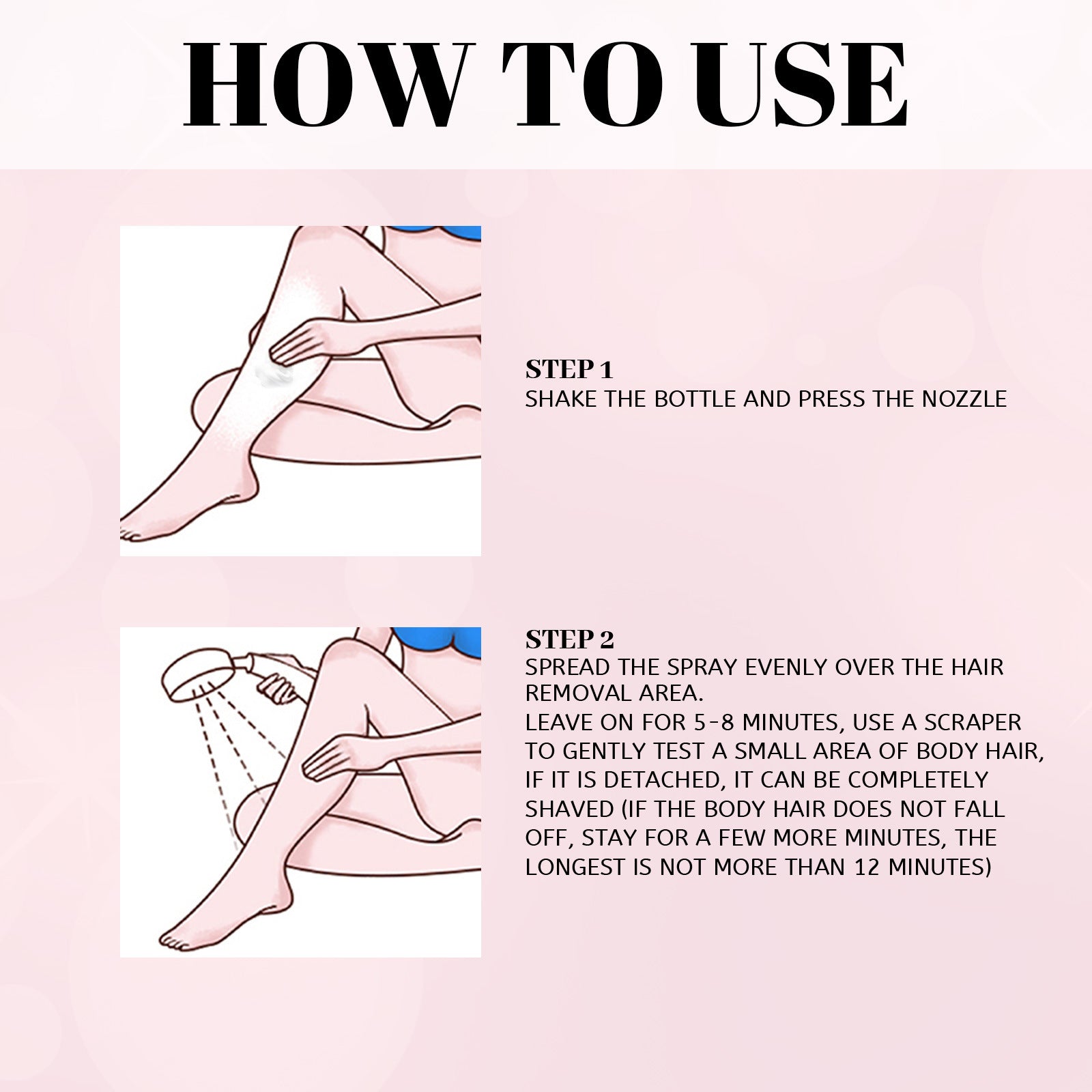 Instructions for using hair removal mousse for sensitive skin with illustrations of applying and spraying on legs