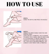 Instructions for using hair removal mousse for sensitive skin with illustrations of applying and spraying on legs