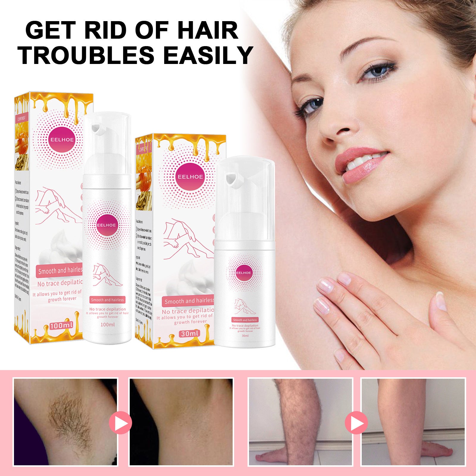 Hair removal mousse for sensitive skin with before and after results on armpit and leg hair removal