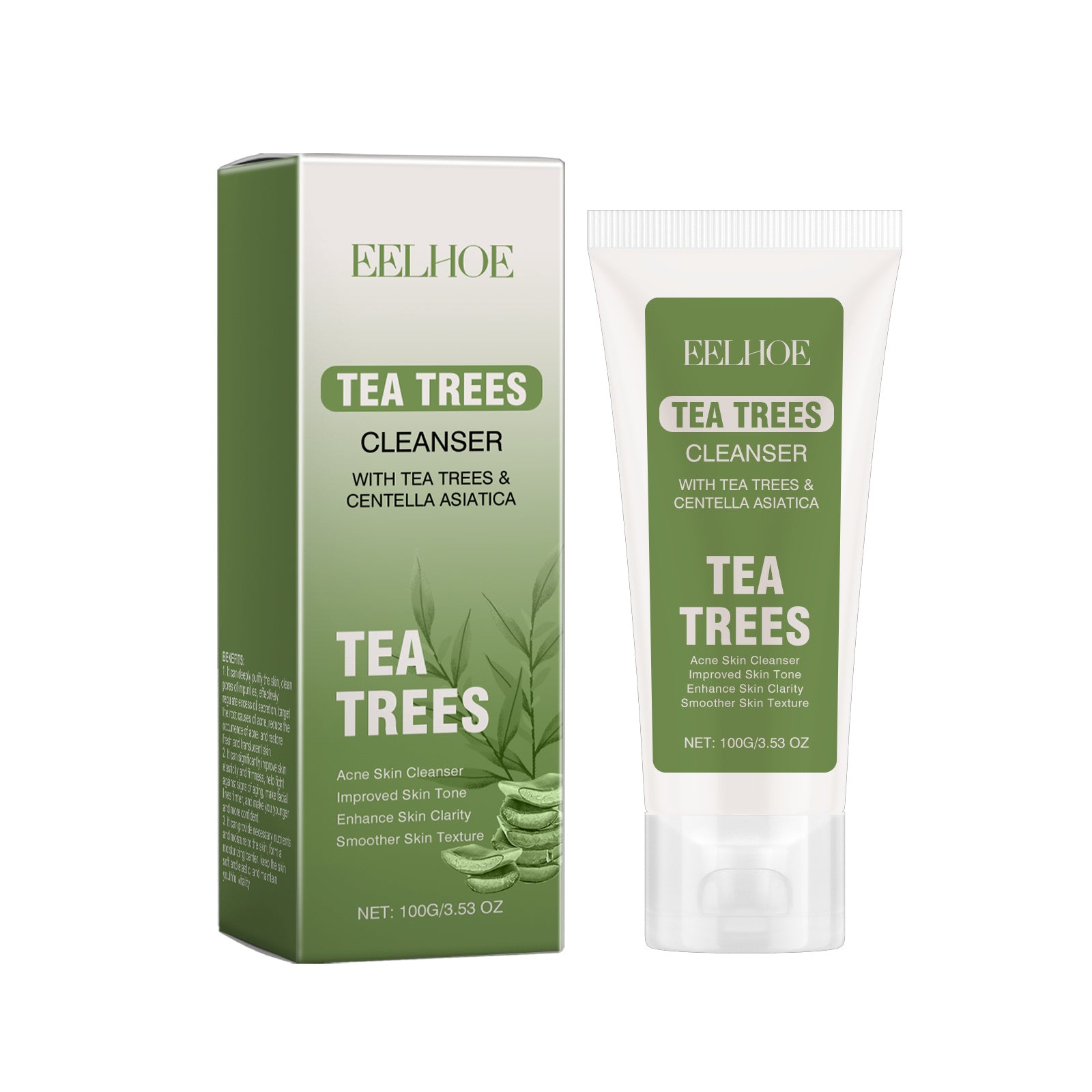 Tea tree facial cleanser in green and white packaging with tea tree and centella asiatica for acne skin care