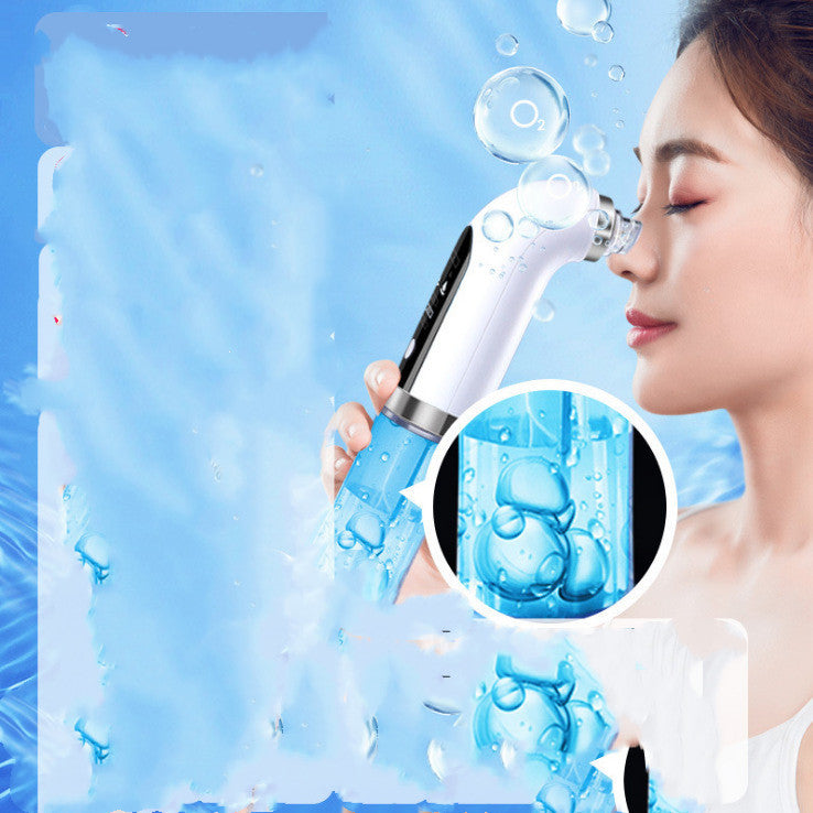 Woman using an electric pore vacuum cleaner on her nose with blue background and water bubbles