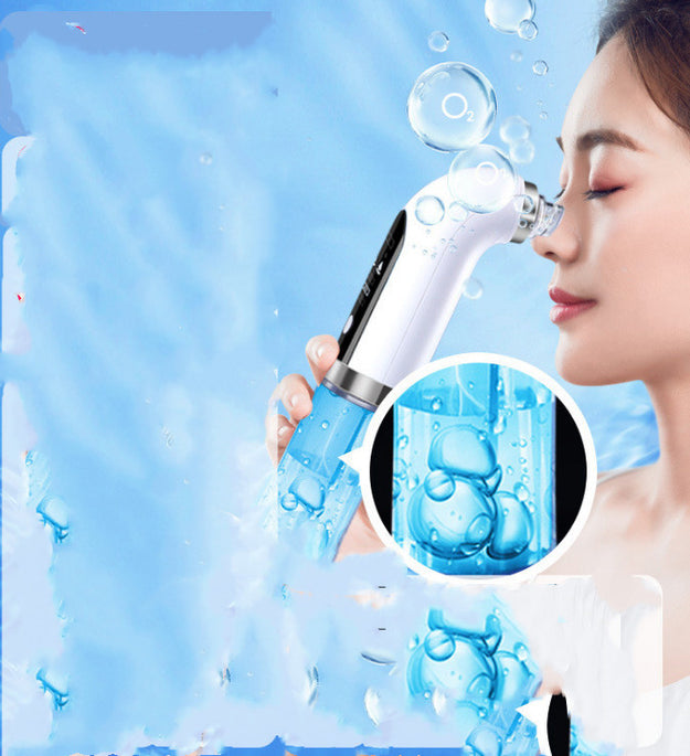 Woman using electric pore vacuum cleaner on her nose with blue background and water bubbles