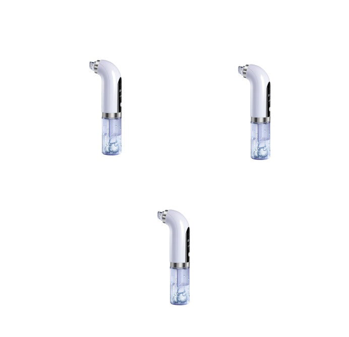 Three white electric pore vacuum cleaners with transparent suction heads on a white background