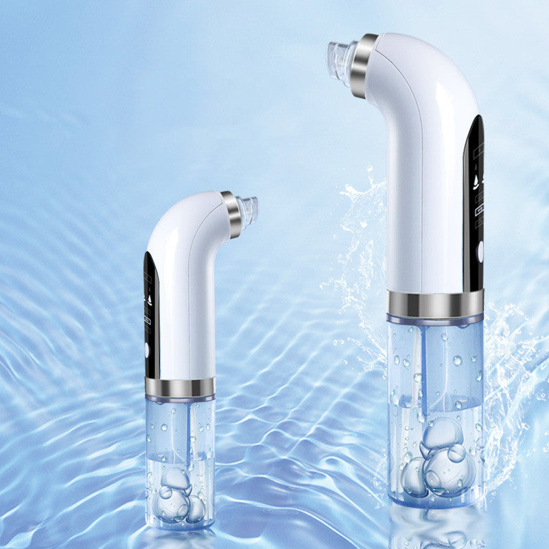White electric pore vacuum cleaner with transparent water container shown with water splash background