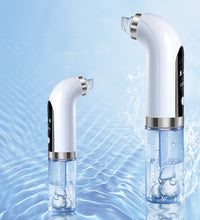White electric pore vacuum cleaner with transparent water container shown with water splash background