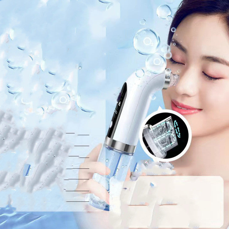 Woman using electric pore vacuum cleaner on face with water droplets in background