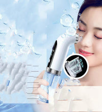 Woman using electric pore vacuum cleaner on face with water droplets in background