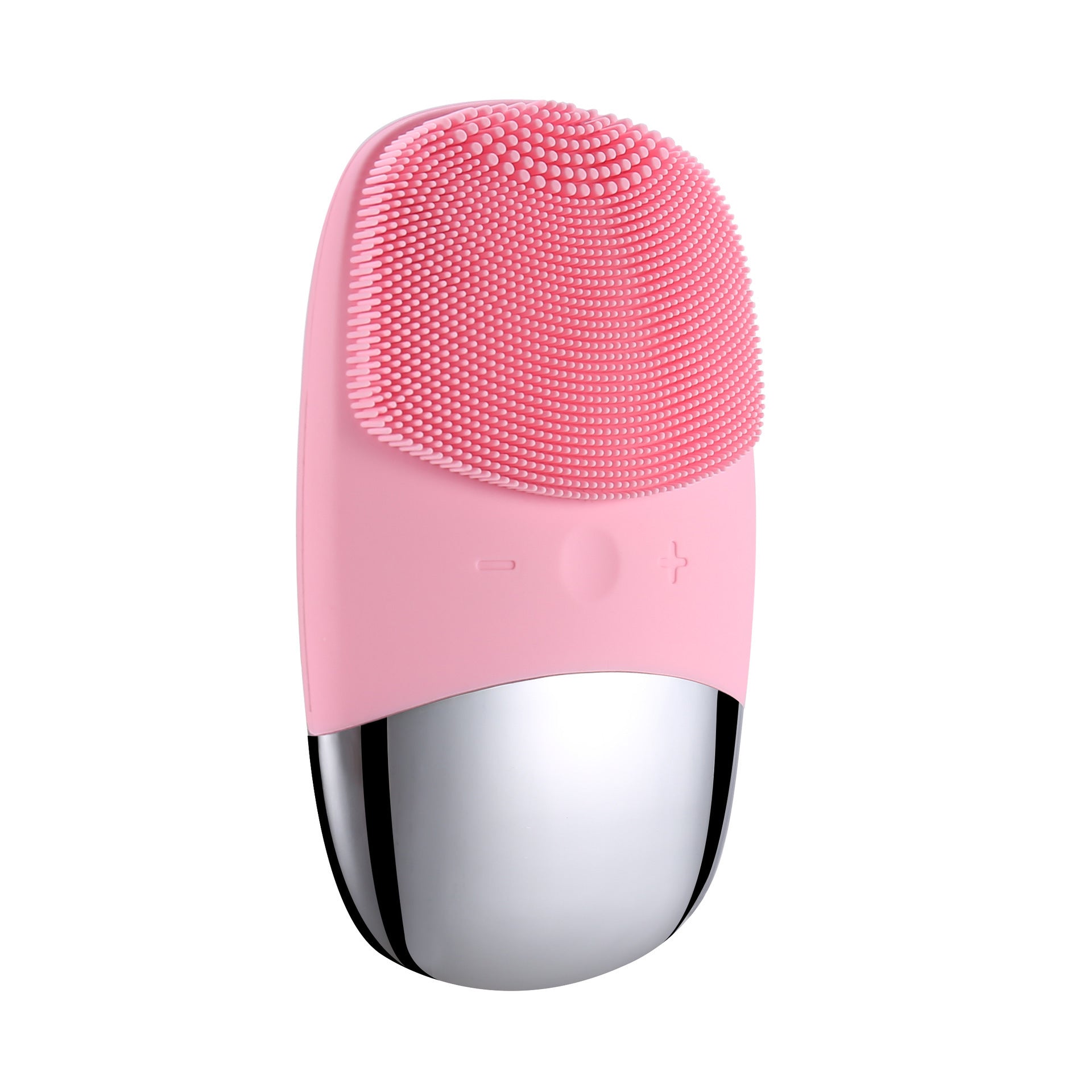 Pink electric silicone face cleansing brush with soft bristles and sleek silver base