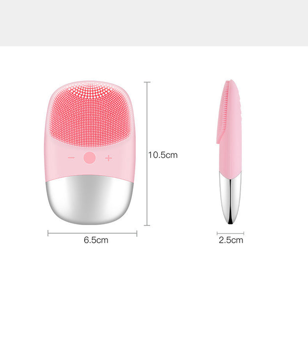 Pink electric silicone face cleansing brush with soft bristles and ergonomic design for gentle facial cleaning