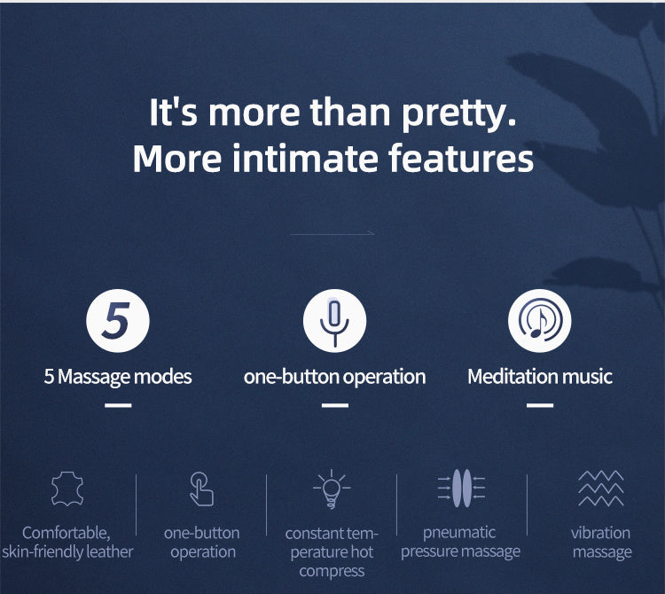 Eye heating massager features including 5 massage modes, one-button operation, and meditation music