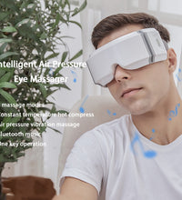 Man using white eye heating massager with intelligent air pressure and Bluetooth music features