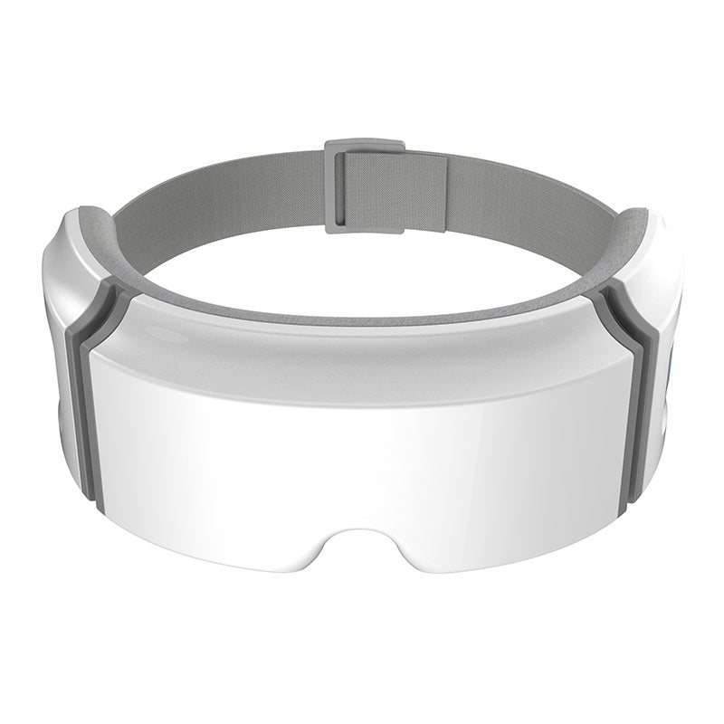 White modern eye heating massager with adjustable gray strap for comfortable fit