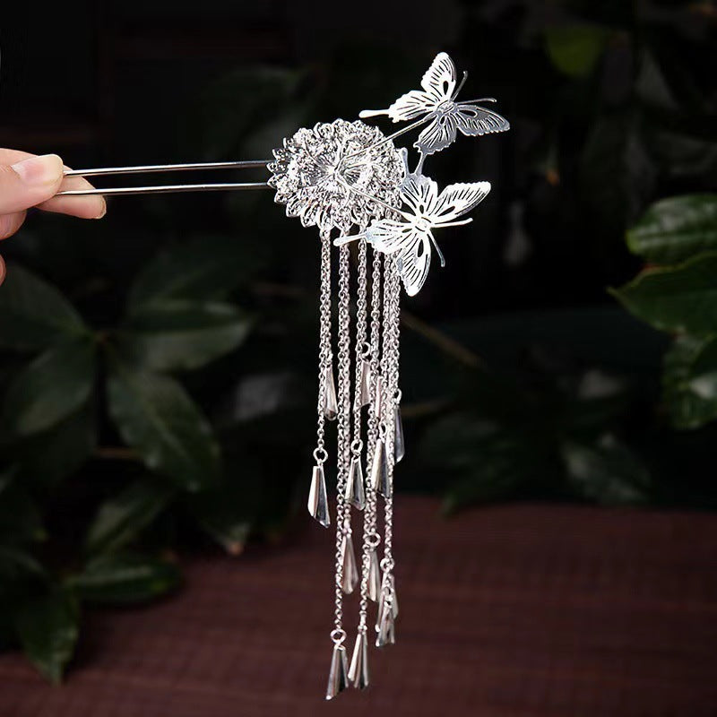 Retro Butterfly Tassel Hairpin Silver Simple Women