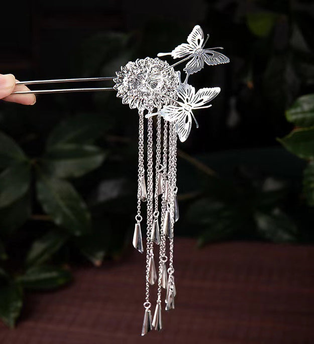 Retro Butterfly Tassel Hairpin Silver Simple Women