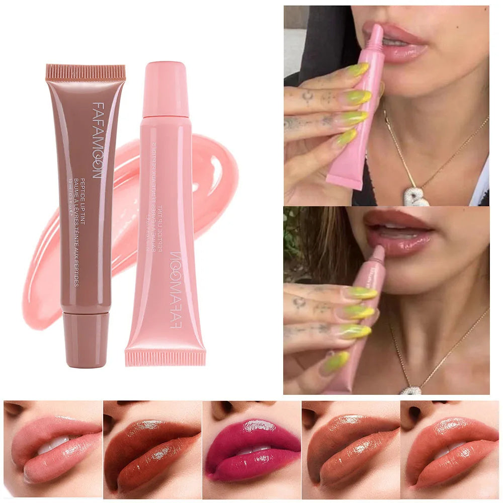 Waterproof glossy lip glaze tubes and swatches showing shiny sheer lip colors applied on lips