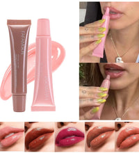 Waterproof glossy lip glaze tubes and swatches showing shiny sheer lip colors applied on lips