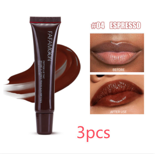 Waterproof glossy lip glaze tube in espresso shade with before and after lip application images