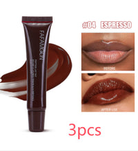 Waterproof glossy lip glaze tube in espresso shade with before and after lip application images