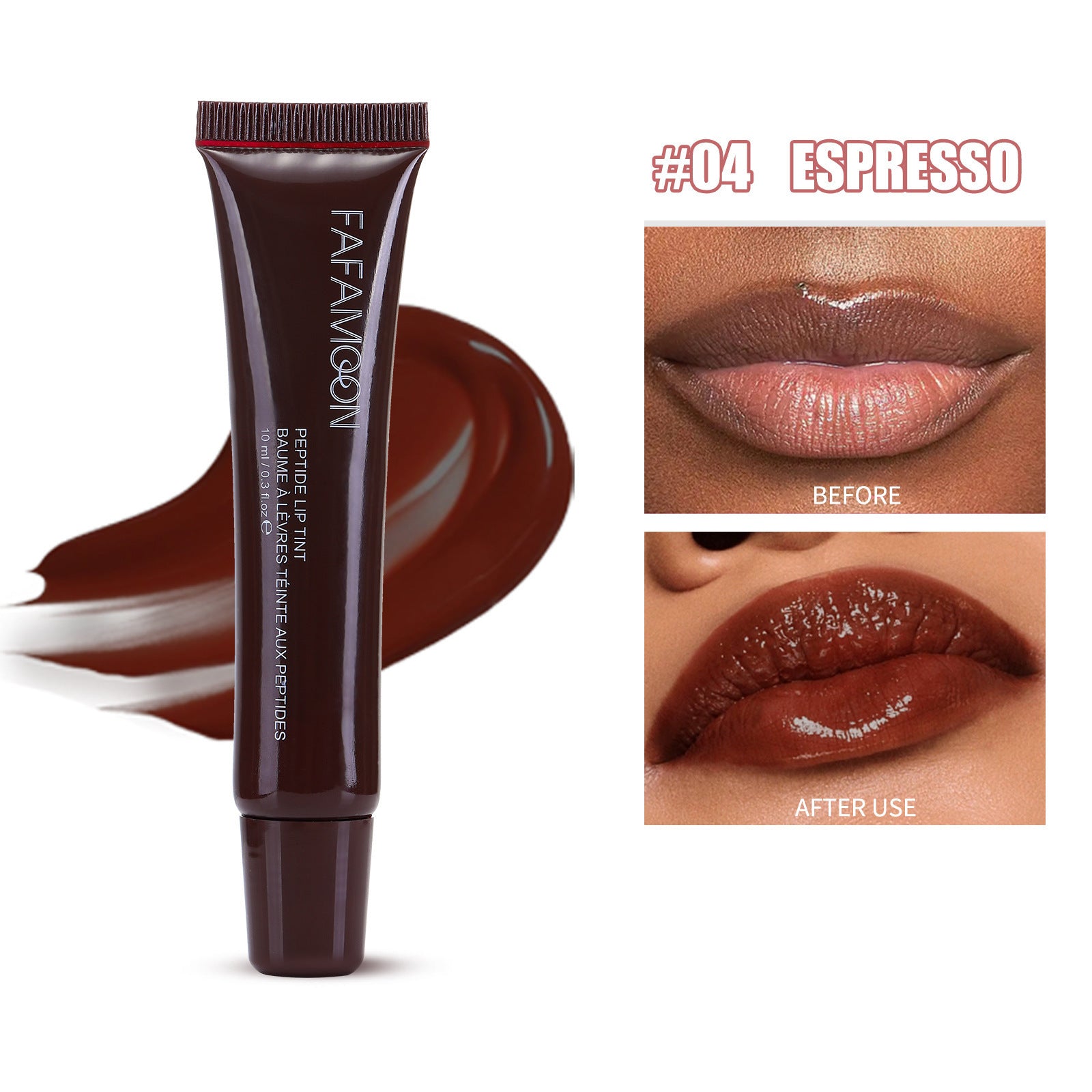 Waterproof glossy lip glaze in espresso shade with before and after lip application close-up