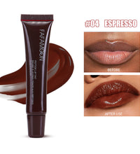 Waterproof glossy lip glaze in espresso shade with before and after lip application close-up