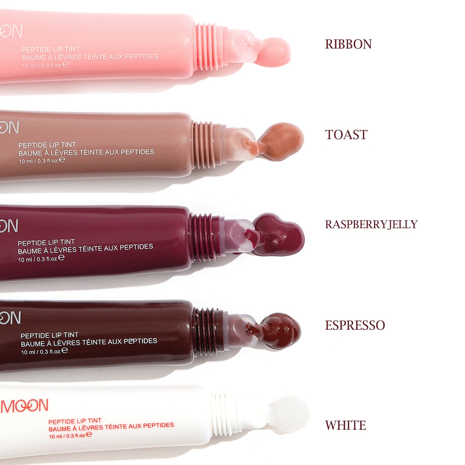 Set of five waterproof glossy lip glaze tubes in shades Ribbon, Toast, Raspberry Jelly, Espresso, and White