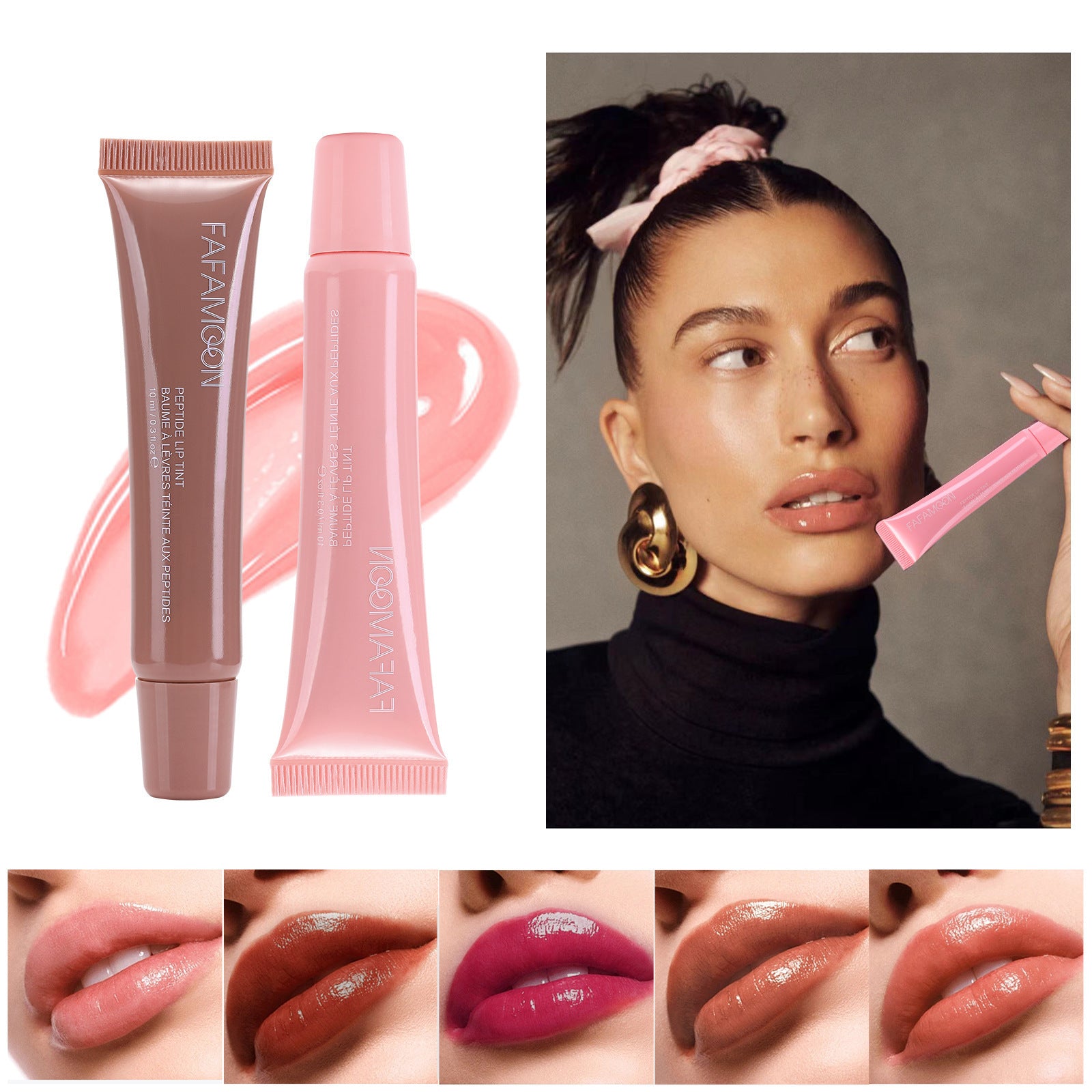 Waterproof glossy lip glaze tubes with close-up lips showcasing various shiny shades and woman applying pink lip glaze