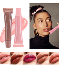 Waterproof glossy lip glaze tubes with close-up lips showcasing various shiny shades and woman applying pink lip glaze