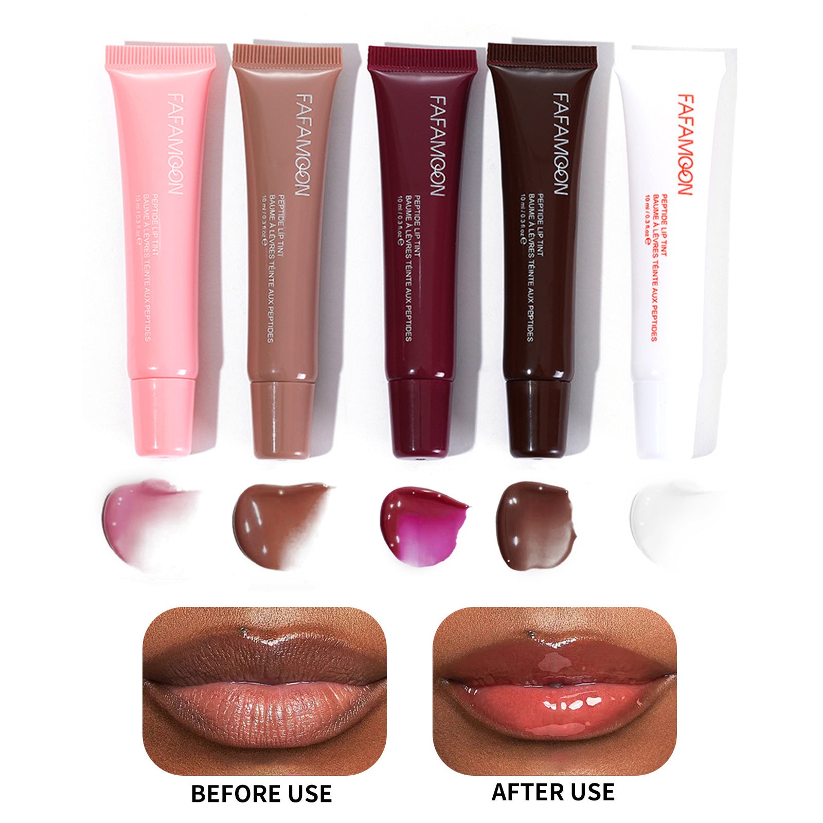 Set of waterproof glossy lip glaze tubes in various shades with before and after lip application swatches